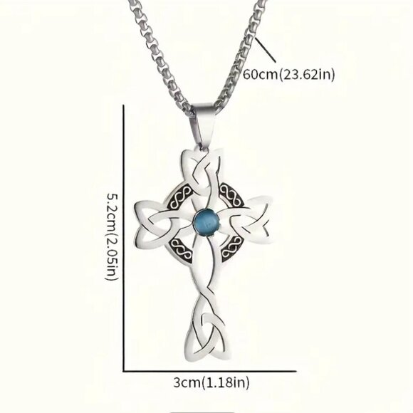 Stainless Steel Celtic Knot Cross Pendant Necklace Synthetic Blue Zircon… - Picture 3 of 3